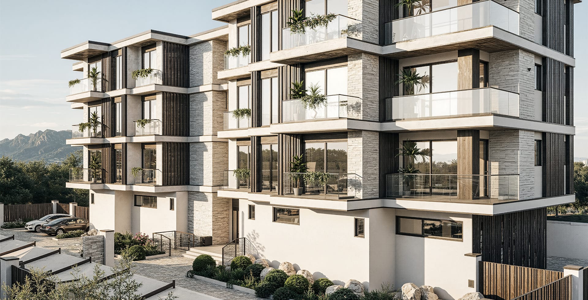 Aren Park Residence'ın köşe cephesi, mimari görselleştirme
